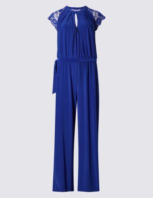 Tailored Fit Floral Lace Yoke Belted Jumpsuit